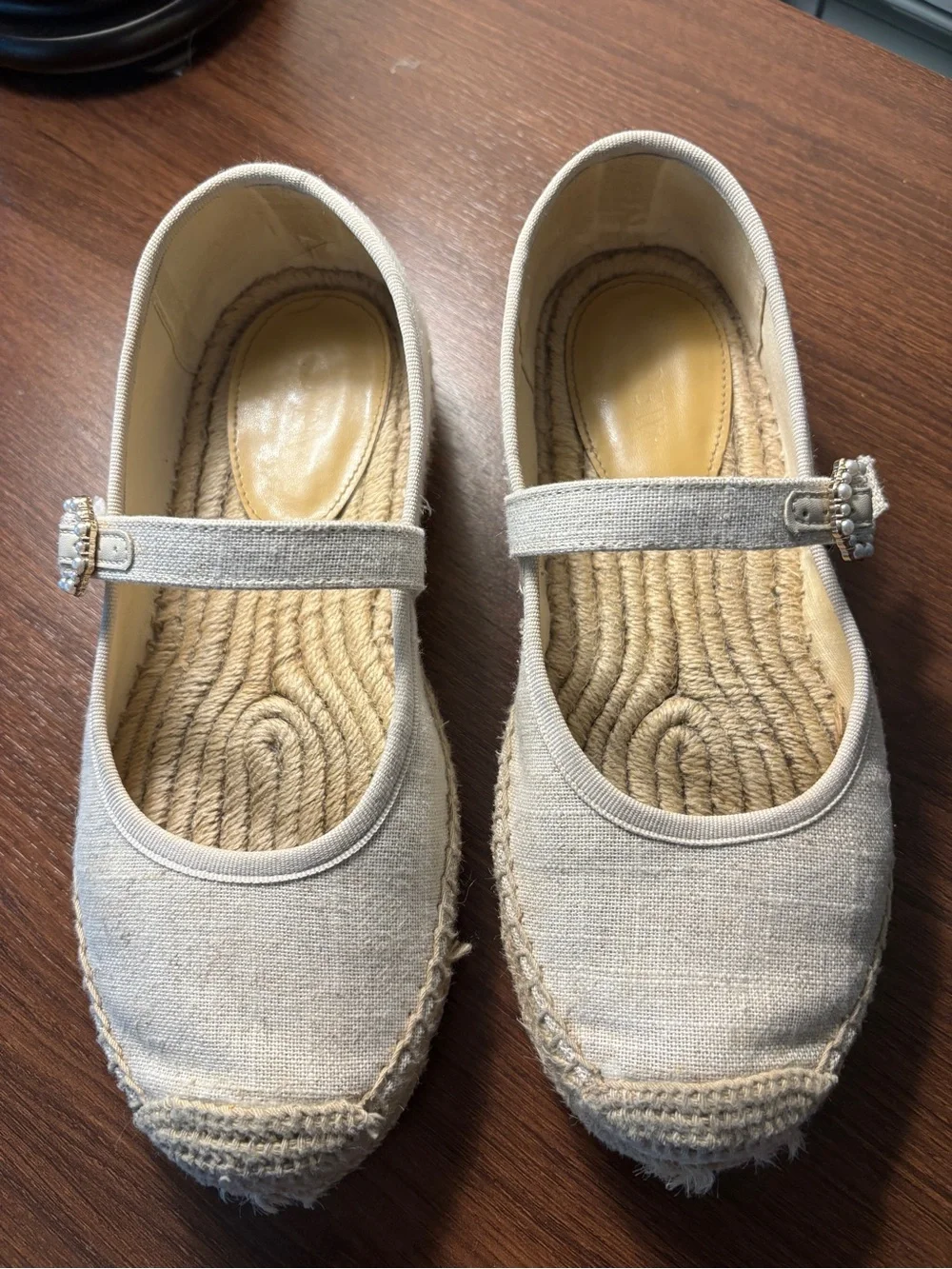 J. Crew Linen Espadrille Mary Jane Flats Jeweled Buckle Beige 7.5
